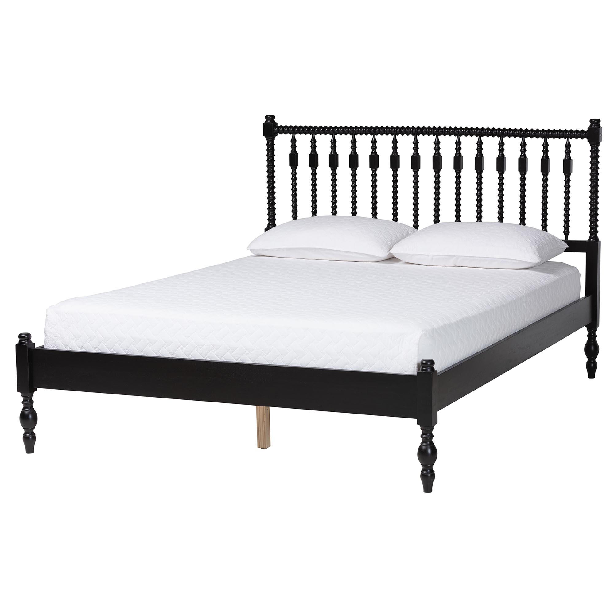 Baxton Studio Callison Spindle Platform Bed - Turned Farmhouse Bed Frame with Spoked Headboard and Sculpted Legs, Black, Queen